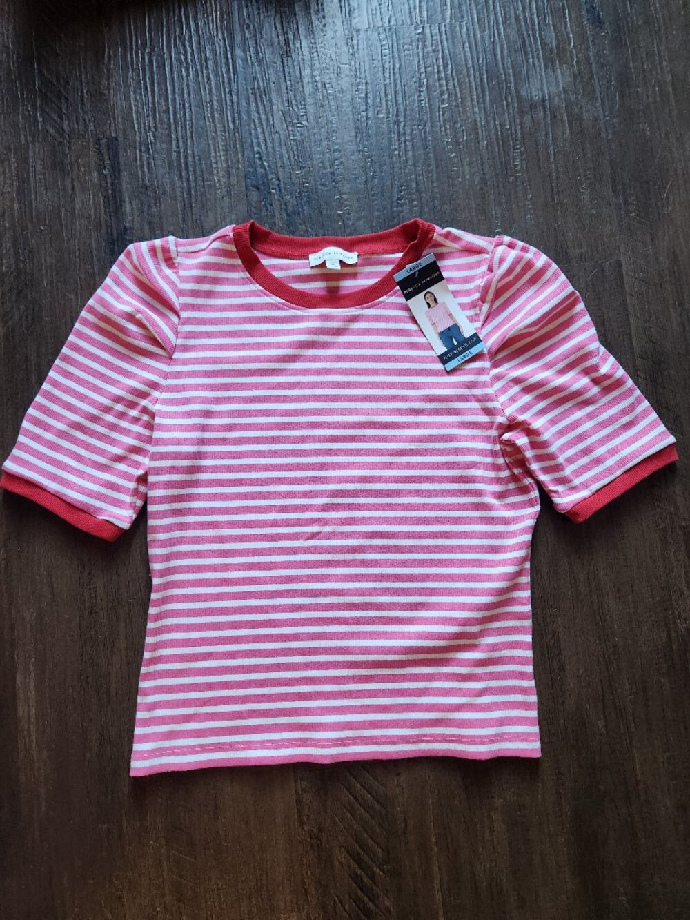 Rebecca Minkoff Womens XL Pink White Striped Crew Neck Puff Sleeve Knit Top